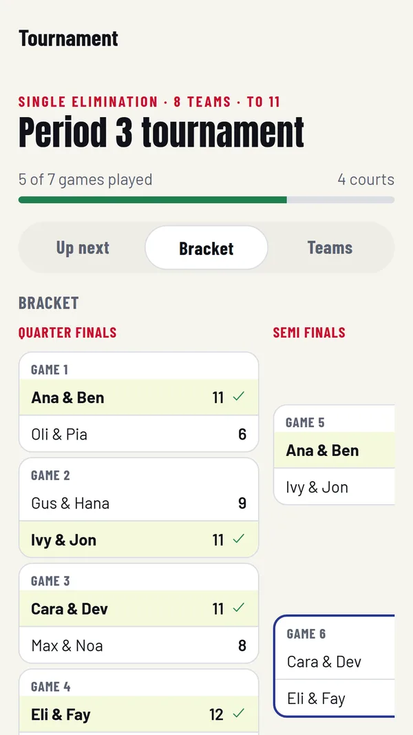 The Hantis for P.E. app showing a class tournament bracket with scores