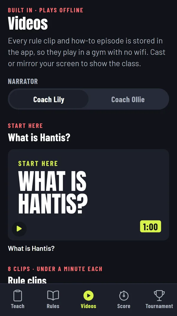 The Hantis for P.E. app's Videos screen with What is Hantis? and the rule clips