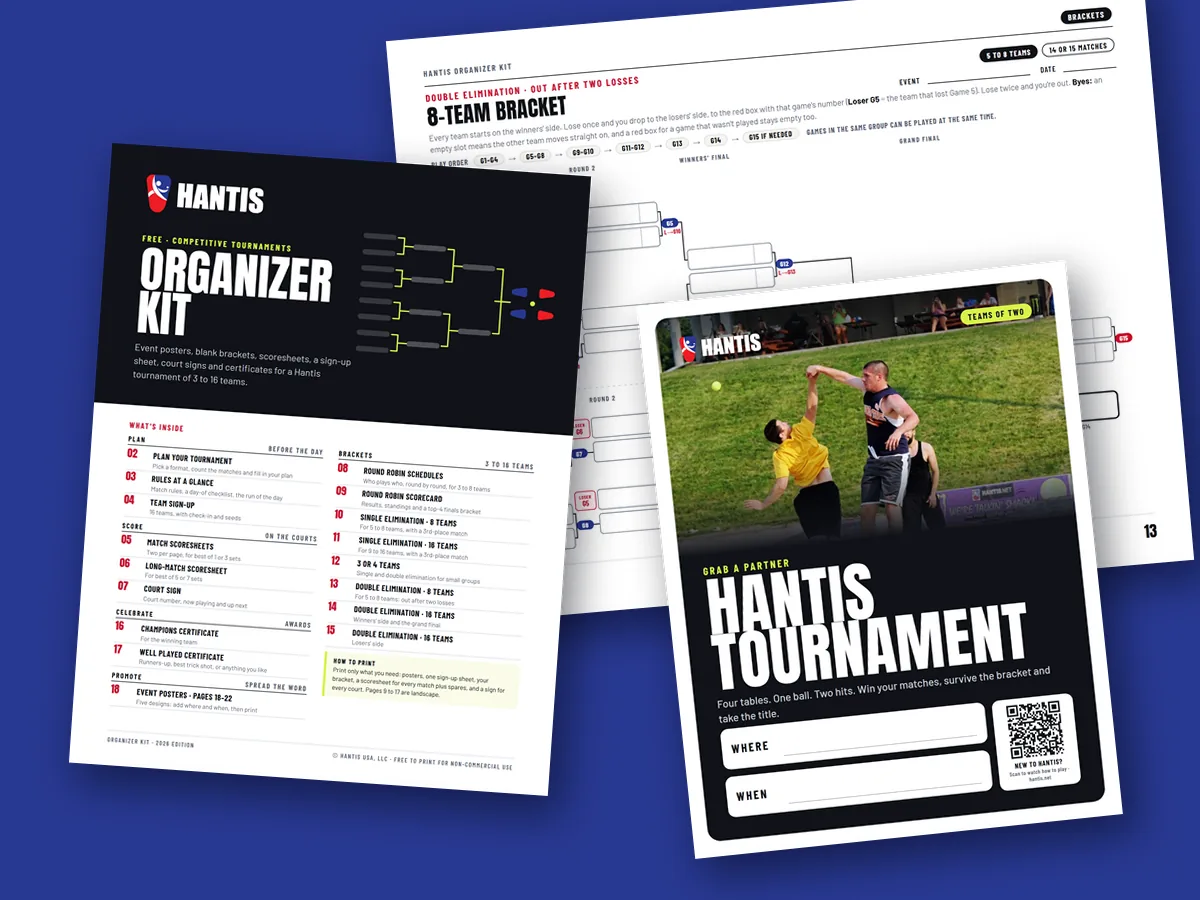 The cover of the Hantis Organizer Kit, its tournament poster and its 8-team double-elimination bracket