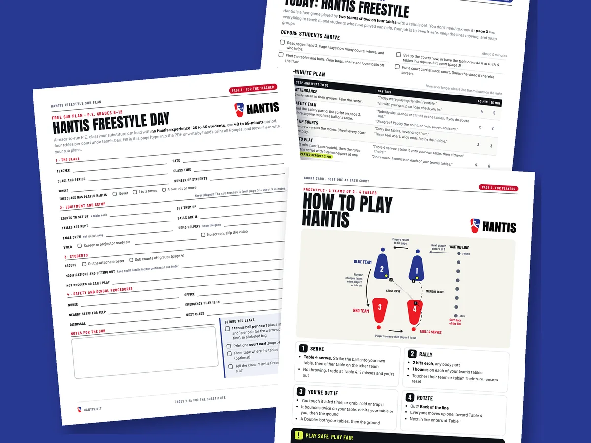 Pages of the Hantis Freestyle Sub Plan: the teacher's fill-in page, the 45-minute class plan and the court card