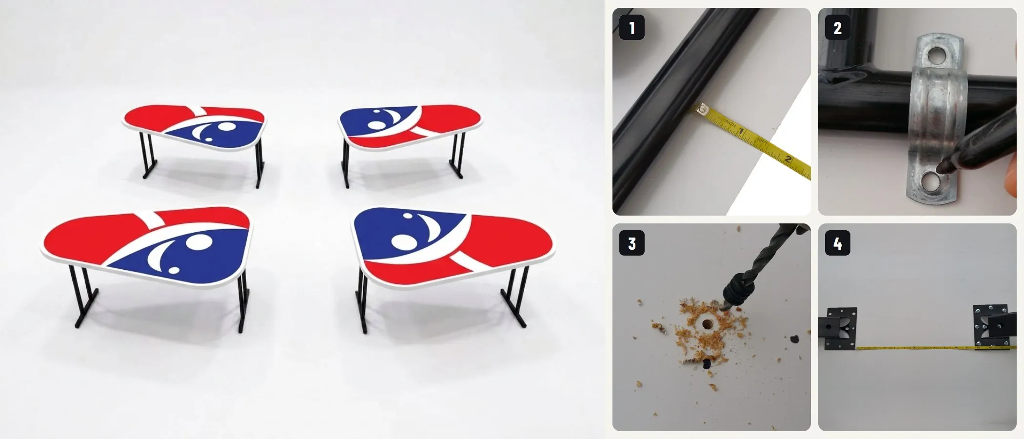 A finished set of four red and blue Hantis tables, next to four build steps: measuring 1.5 inches from the edge to the leg bar, marking the strap holes, drilling a hole in the tabletop, and the two leg plates lined up with a tape measure between them