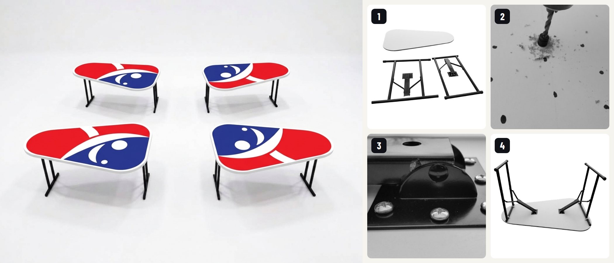 A finished set of four red and blue Hantis tables, next to four build steps: the parts laid out, drilling the tabletop, the leg bracket screwed on, and the legs attached