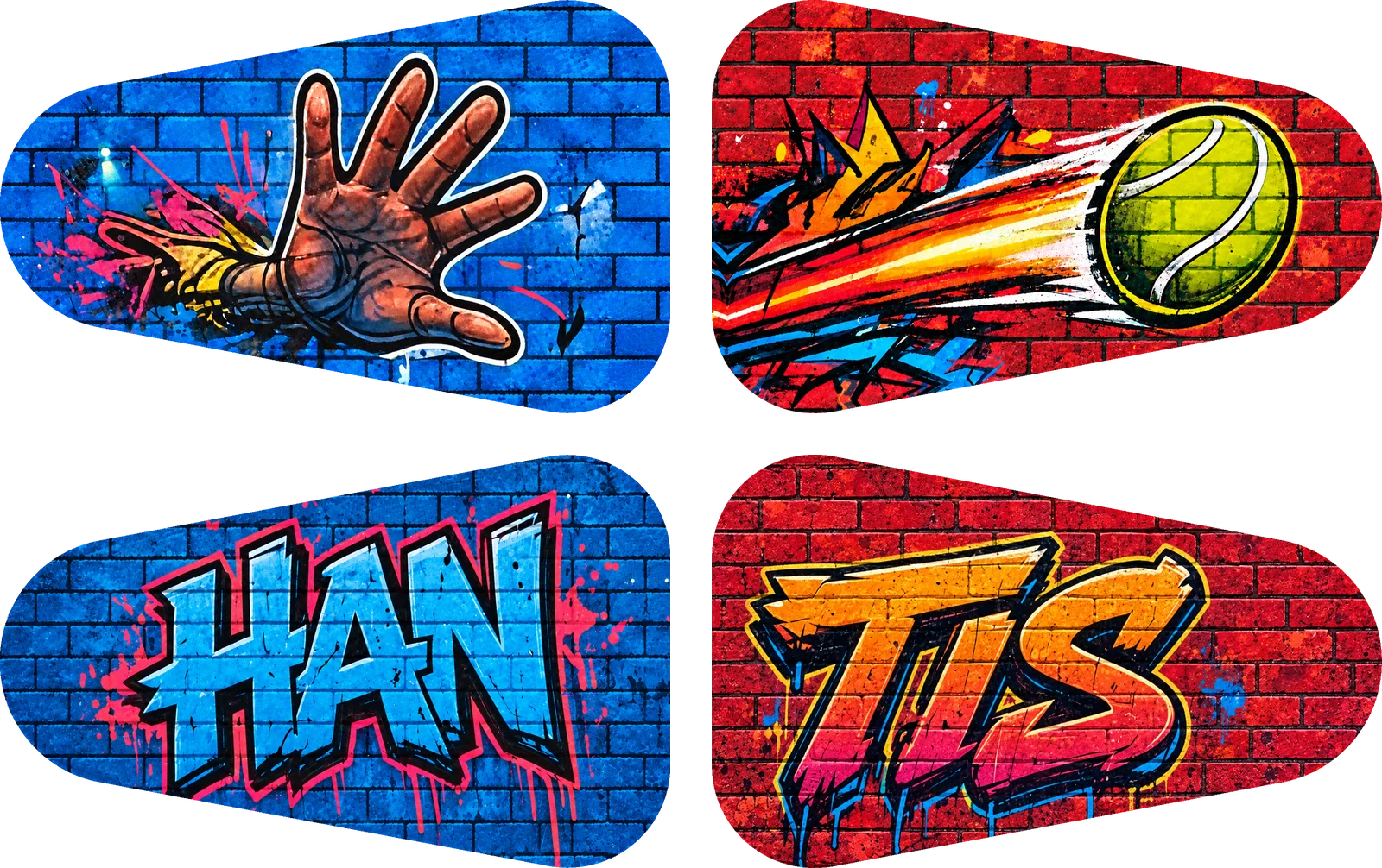 Version A of the Hantis table decals laid out as a court: a reaching hand and the graffiti word HAN on blue brick, a flying tennis ball and the graffiti word TIS on red brick