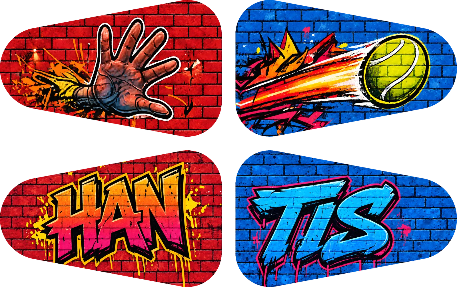 Version B of the Hantis table decals laid out as a court: a reaching hand and the graffiti word HAN on red brick, a flying tennis ball and the graffiti word TIS on blue brick