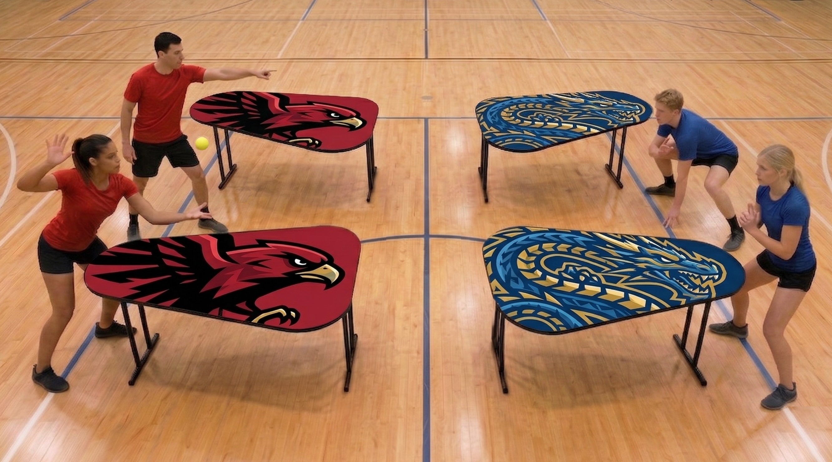 Hantis tables with red and blue covers set up in a gymnasium