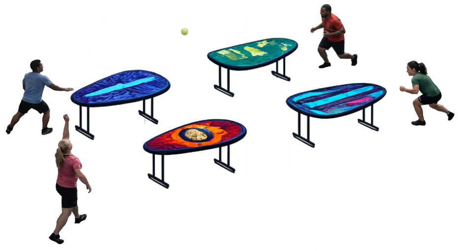 Four players playing Hantis around four tables with one ball